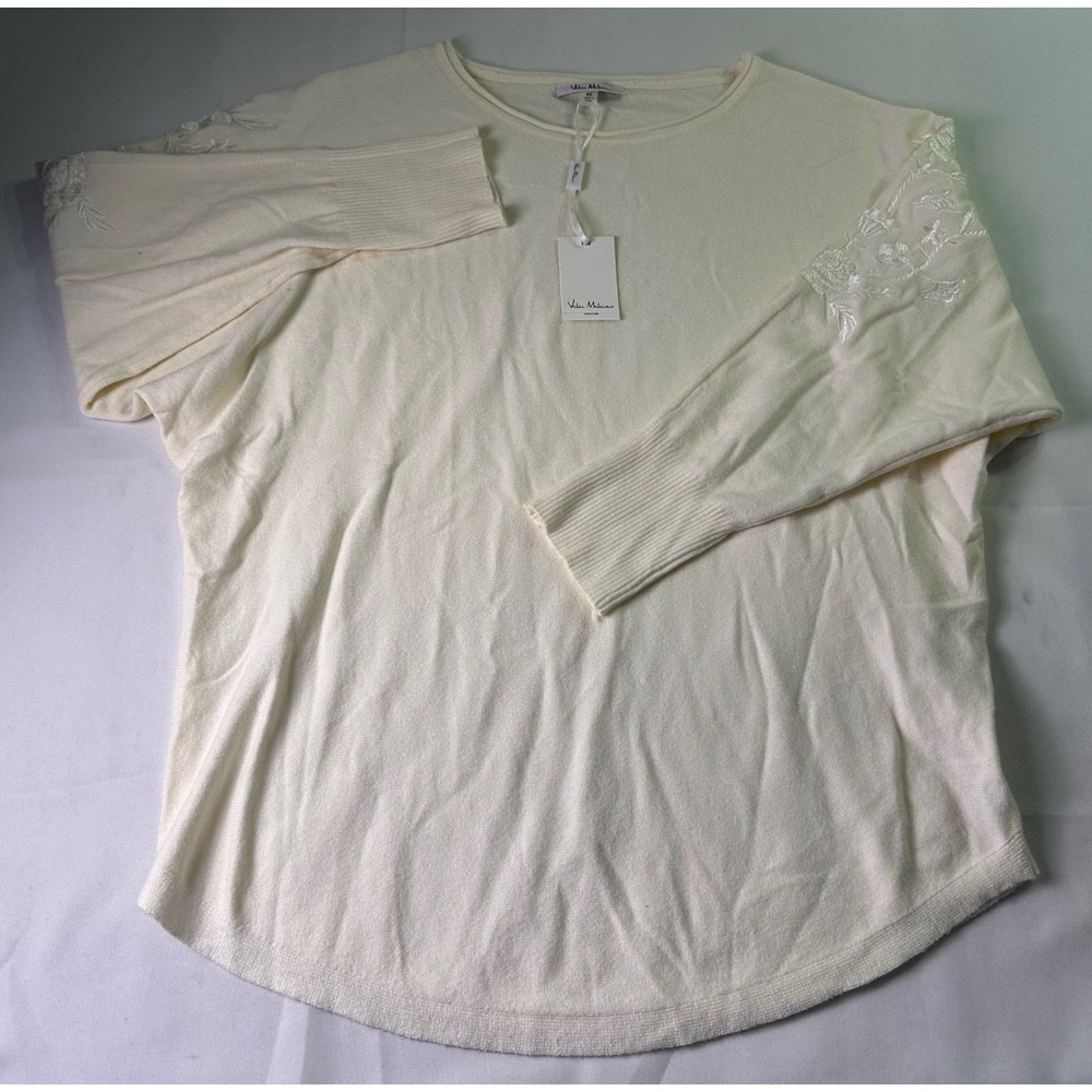 Vila Milano NWT Ivory Sweater Women Sz L Embroidered Puff Sleeve Soft Knit Cream